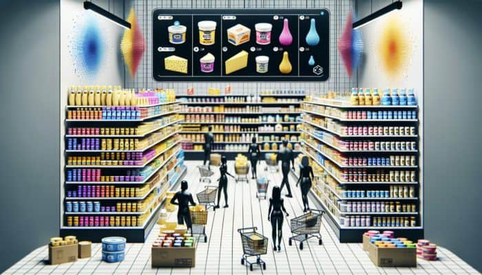 Diverse ghee brands on shelves in an ethnic grocery store, shoppers comparing labels, online shopping interface visible.