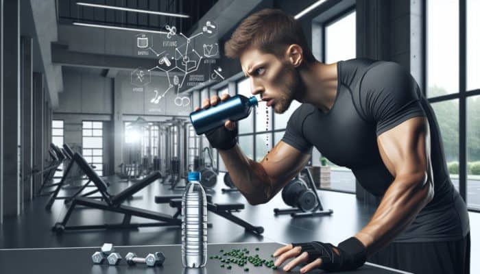 Athlete consuming caffeine 30 minutes before a workout, ensuring hydration in a modern gym setting.