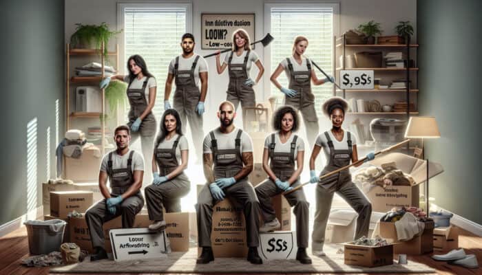 Professional team clearing a cluttered house, emphasizing low-cost quote and service expertise.