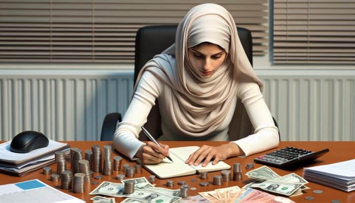 Individual at a desk setting financial goals for debt consolidation, surrounded by various bills.