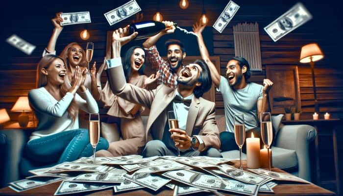 Individual celebrating a debt milestone with champagne, surrounded by paid bills and supportive friends in a cozy living room.