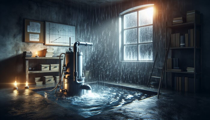 Sump pump in basement pit actively removing water during heavy rainfall in Burnaby, stormy night visible.