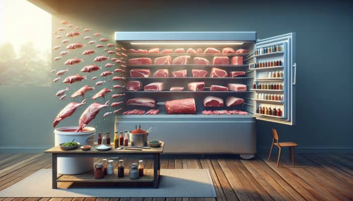 High-quality meat cuts marinating in rubs and sauces, labeled and stored in a cooler for competition readiness.