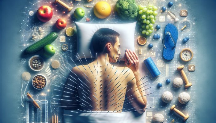 A peaceful acupuncture session with lifestyle balance symbols including healthy food, exercise gear, and a tranquil sleep environment.