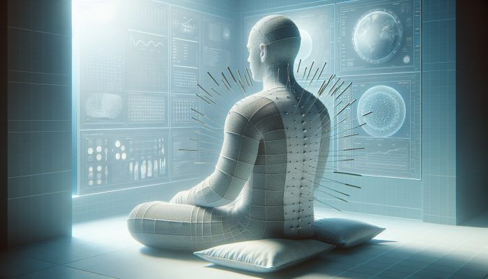 Individual wearing loose, comfortable layered clothing during a serene acupuncture session in a calming environment.