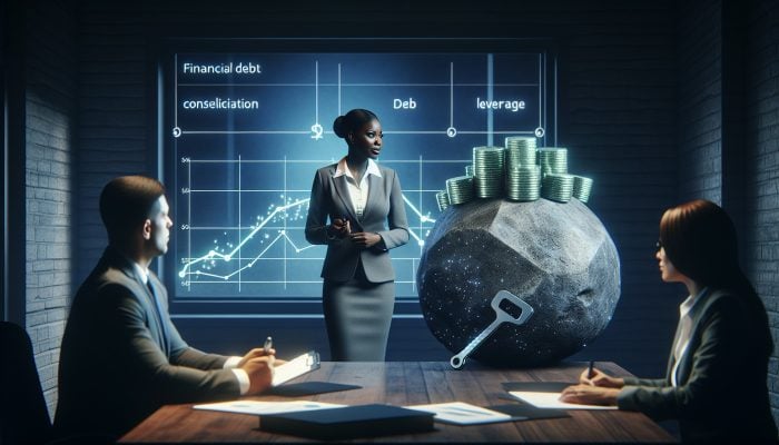 How I Consolidated $50,000 in Debt: My UK Journey | DCL A financial advisor's office with charts, discussing £50,000 debt consolidation strategies with a client taking notes.