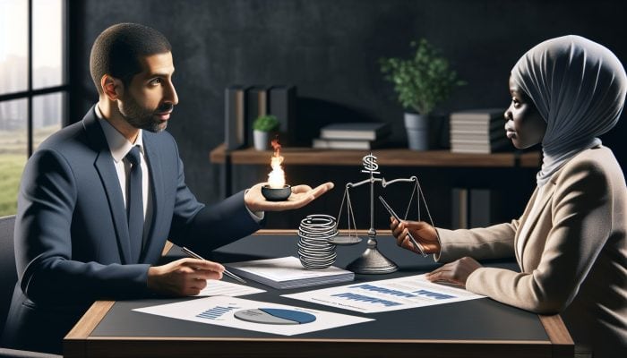 How I Consolidated $50,000 in Debt: My UK Journey | DCL A person discussing debt consolidation with a financial advisor in a modern office, using charts and documents.