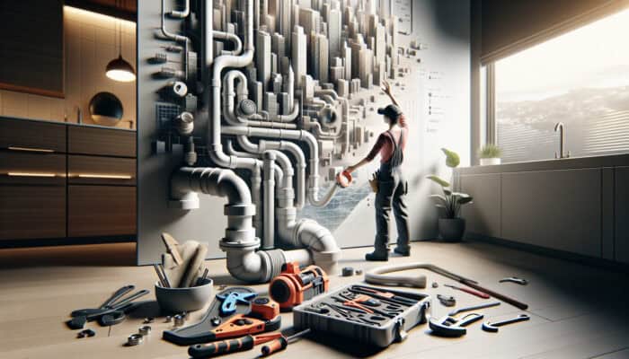 A plumber examining a clogged drain in a modern Port Moody home, with tools and pipes visible.