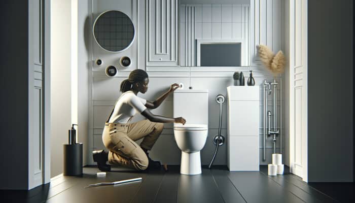 A plumber skillfully installs a toilet in a modern bathroom, ensuring perfect alignment and a flawless wax seal.