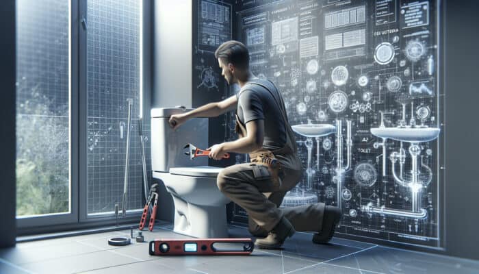 A certified plumber efficiently installs a high-quality toilet with precision tools in a modern bathroom.