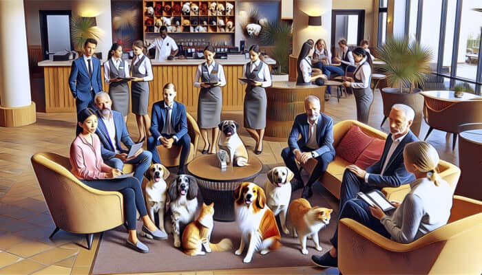 A welcoming hotel lobby featuring pets and staff providing pet-friendly amenities and advice.