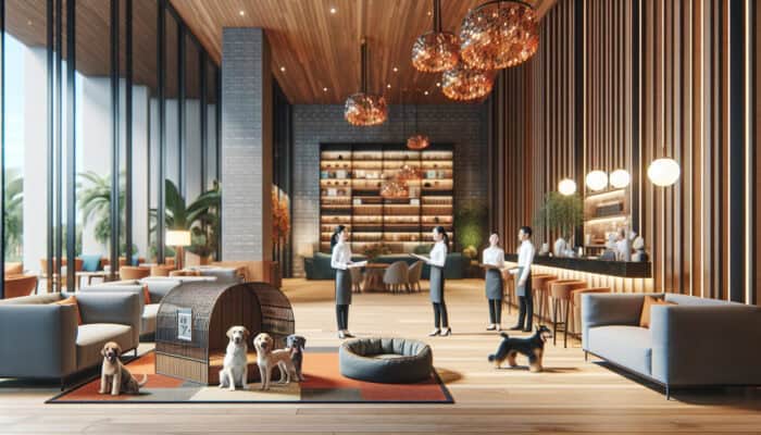 A cozy hotel lobby with a designated pet-friendly area, featuring a pet spa and comfortable dog beds, with staff interacting with guests and their pets.