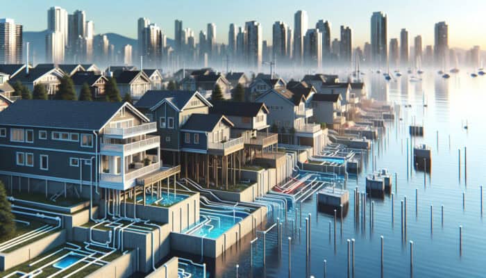 Urban landscape of the West End with elevated homes and integrated drainage systems near English Bay, designed to prevent flooding.