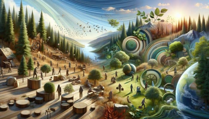 A serene landscape showcasing natural textures like wood, stone, and leaves, symbolizing sustainable living and a circular economy.