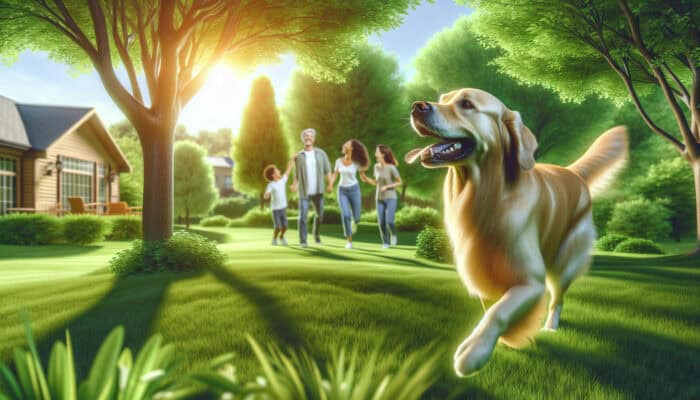 A joyful Golden Retriever engaging in fetch at a park, enhancing family bonds.