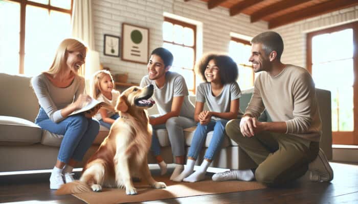 A Golden Retriever happily interacting with family, practicing essential commands in the living room.