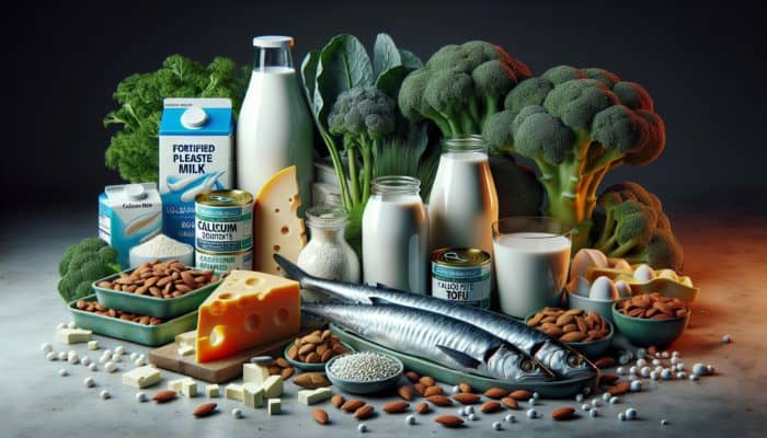 A still life of calcium-rich foods such as dairy, greens, and nuts, which are vital for new mothers' bone health.