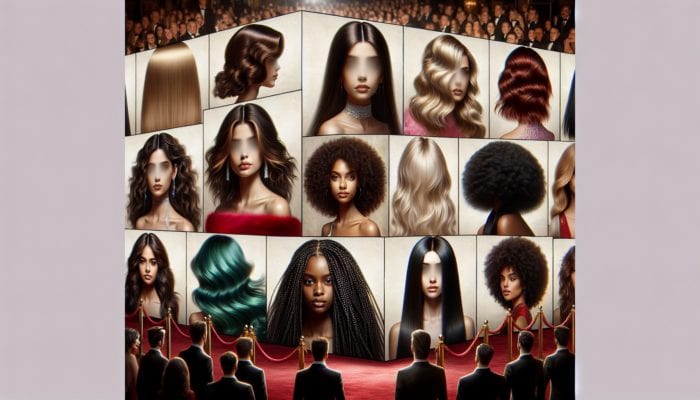 Collage of celebrities flaunting centre-parting hairstyles, ranging from sleek to wavy, on a glamorous red carpet.