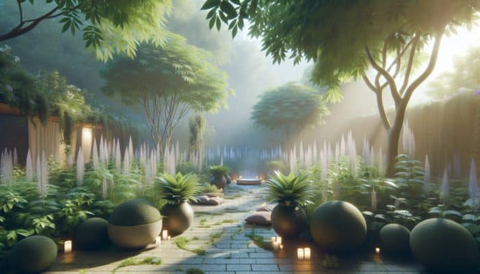 Ashwagandha plants in a tranquil garden, symbolizing mental calmness and holistic health support.