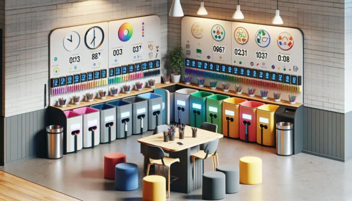 A well-organised sorting station near home entrance with labelled bins, table, clock, seating, and refreshments.
