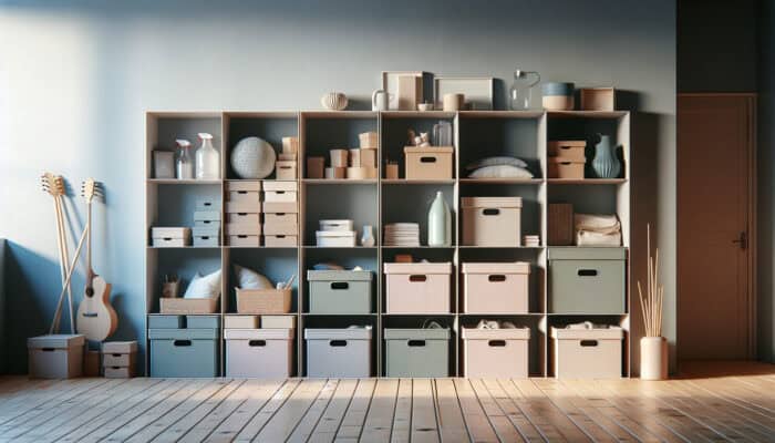 An organised room with four labelled boxes for sorting items: Keep, Donate, Sell, Trash, organised by an expert.