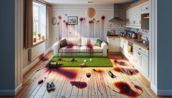 Red wine stain on carpet, grass stains on sofa, ink stains on shirt, grease on tiles in UK home.