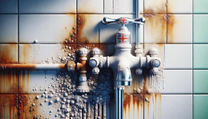Modern UK bathroom with rust and limescale on fixtures and tiles, demonstrating the need for cleaning.