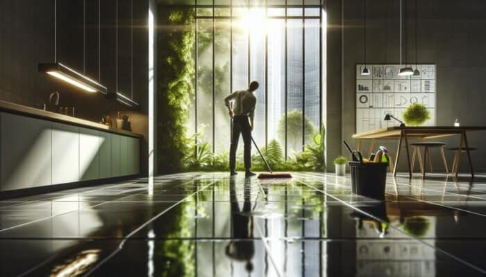 Individual in West Dunbartonshire cleaning slate floors with eco-friendly solutions, natural light, and lush greenery visible.