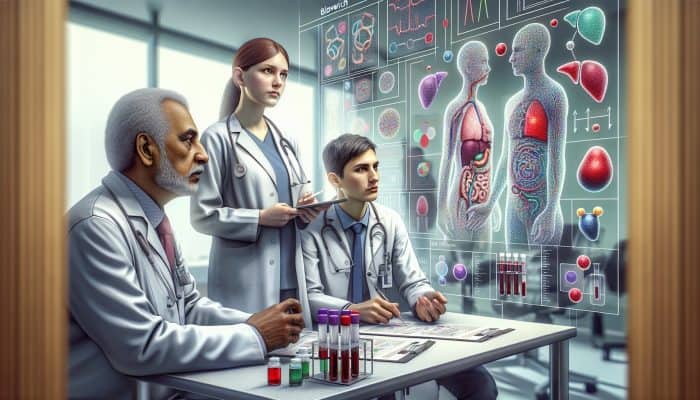 A medical illustration depicting liver blood testing in a contemporary Bloxwich clinic, showcasing experts and advanced equipment.