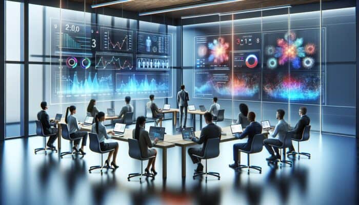 A digital dashboard displaying micro-conversion success rates with experts analyzing data in a modern office setting.