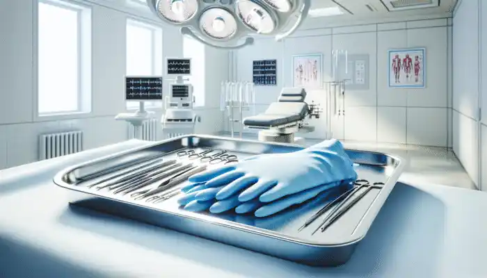 Blue Vinyl Powdered Gloves in Chichester: Blue vinyl powdered gloves on a medical tray in a sterile operating room.