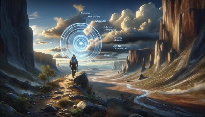 Individual utilizing advanced technology in a harsh landscape, guided by a hologram, under a dramatic sky.