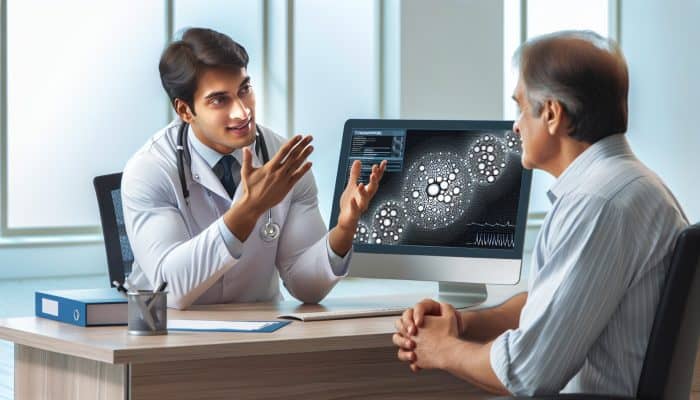 A medical professional discussing testosterone test results with a middle-aged patient in a clinic.