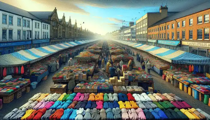 Thin Cotton Gloves in Hartlepool: market scene with stalls selling unique, colorful thin cotton gloves, surrounded by department stores and boutiques.