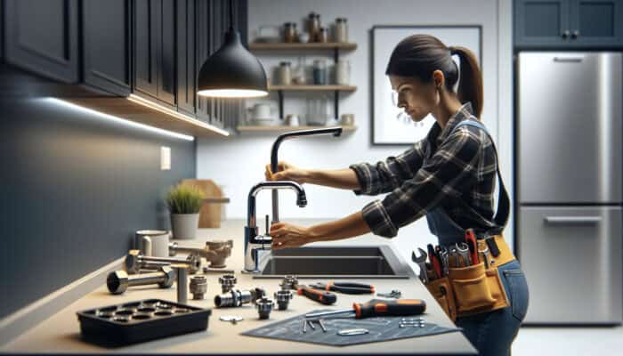 Delta Faucet: A technician expertly installing a modern Delta faucet in a newly renovated kitchen, demonstrating precision and efficiency in plumbing work.