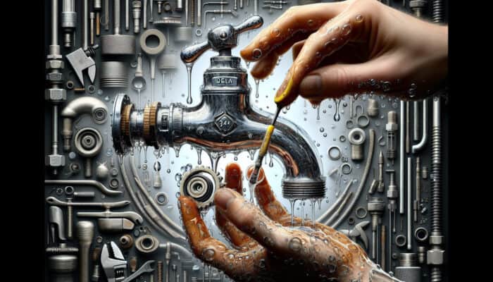A Delta faucet dripping, with hands replacing washers and cleaning an aerator, surrounded by various plumbing tools.