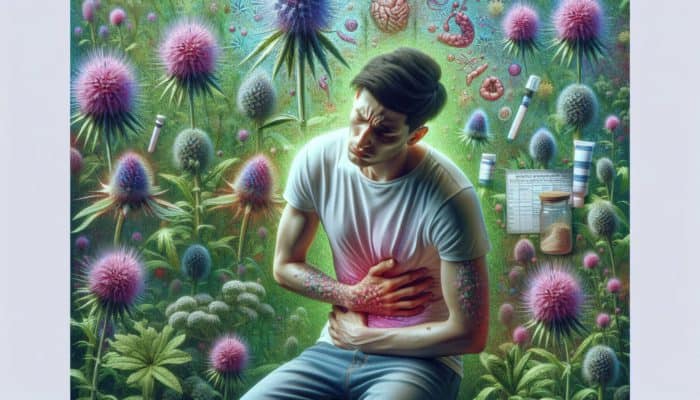 Illustration of person with mild side effects from milk thistle, showing stomach upset, itching, and rash, with milk thistle plant.