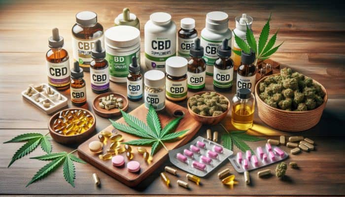 An array of CBD supplements displayed on a wooden table alongside cannabis leaves, representing health and wellness.