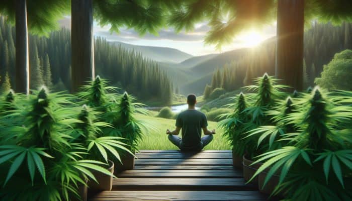 An individual meditating among CBD plants, depicting the calming effects of CBD supplements.