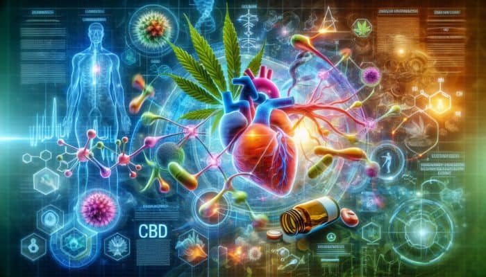 Illustration of CBD interacting with the endocannabinoid system, highlighting health benefits such as reduced inflammation and pain relief.