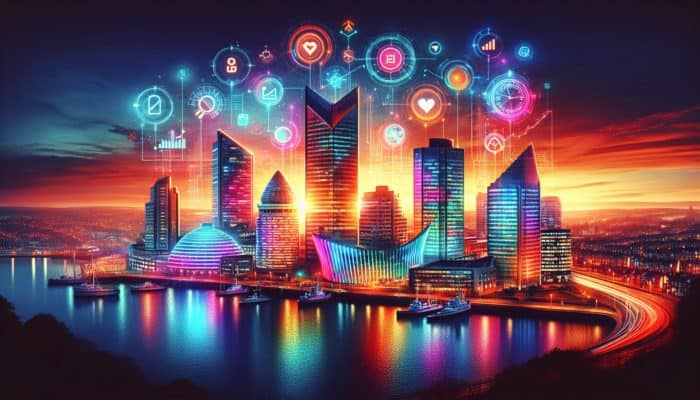 A vibrant Plymouth cityscape at sunset with glowing neon SEO keywords hovering above modern buildings.