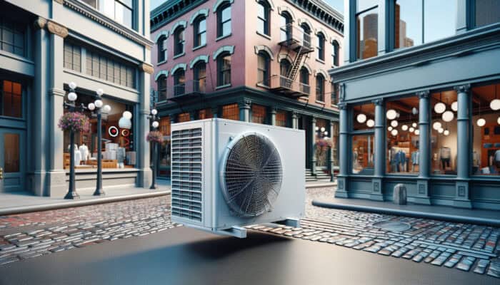 A modern heat pump installed on a historic Gastown building, blending seamlessly with the cobblestone streets and heritage architecture.