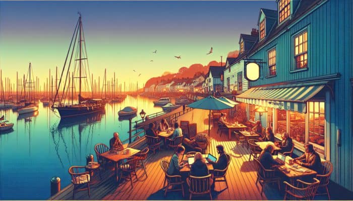 A tranquil Weymouth harbor at sunset, with experts engaging in blogging at a cozy café.