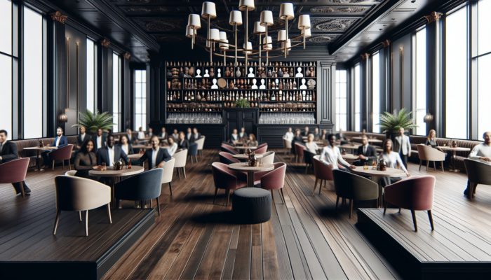 Elegant pub interior at The Wynn featuring dark wood, plush seating, and patrons enjoying gourmet and classic dishes.