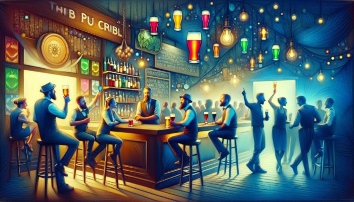 A vibrant pub crawl featuring unique bars, friendly bartenders, new friendships, beer tastings, and trivia nights.