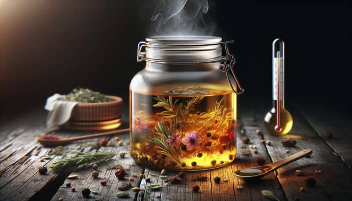 Glass jar of warm, golden oil with herbs and spices, steam, on wooden table with thermometer.
