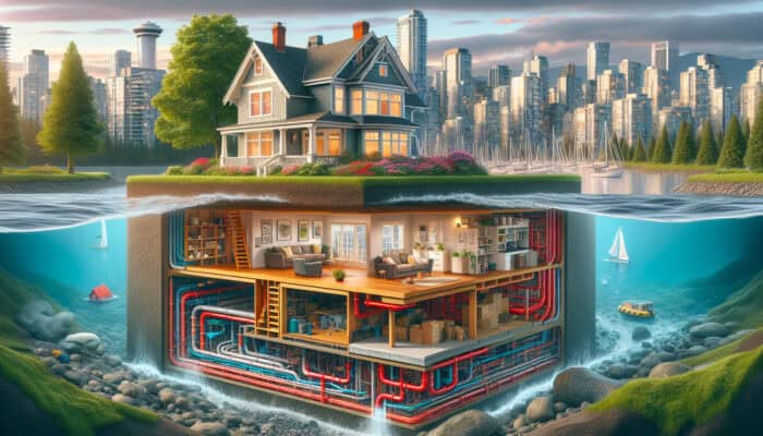 A cutaway view of a Yaletown home's crawl space with an advanced drainage system removing excess water.