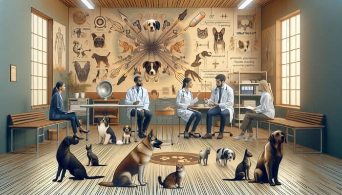 A veterinary team discussing the timing of spaying with pet owners, surrounded by dogs and cats in a friendly clinic environment.