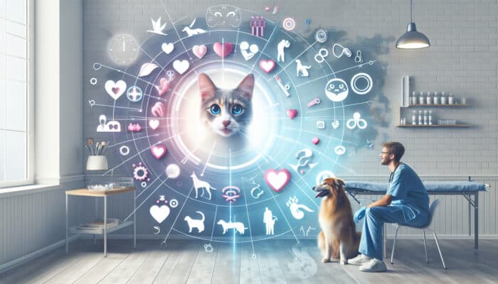 A young dog and cat in a veterinary clinic, surrounded by health symbols, illustrating the advantages of spaying.