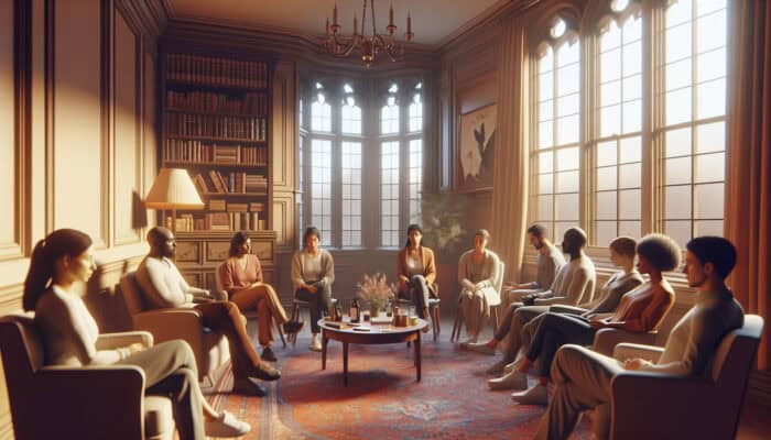 Support Groups for UK Bereavement Assistance: A serene group therapy session in a cozy UK room, with diverse people sharing emotions and coping strategies.